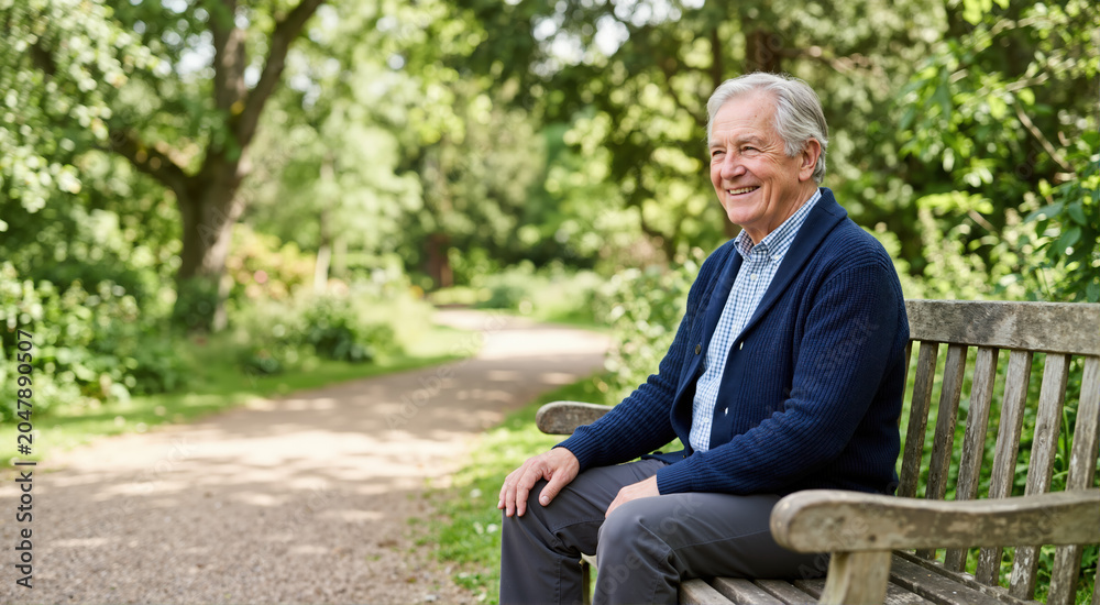Fototapeta premium Smiling senior man sitting on a wooden bench in a green park. Happy elderly male relaxing outdoors in nature. Leisure and retirement lifestyle