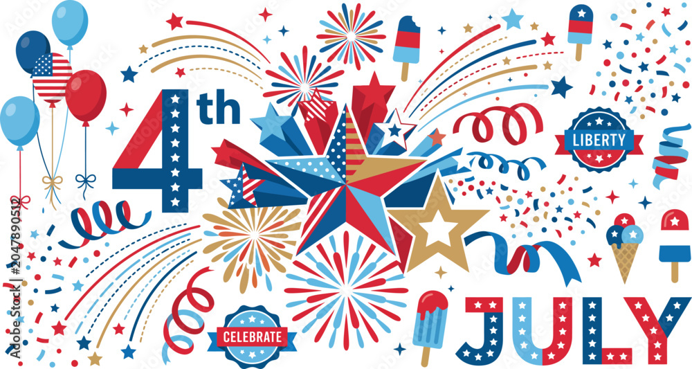 Fototapeta premium Festive fourth of july background featuring colorful fireworks stars balloons and ice cream treats in a patriotic red white and blue theme for celebrations