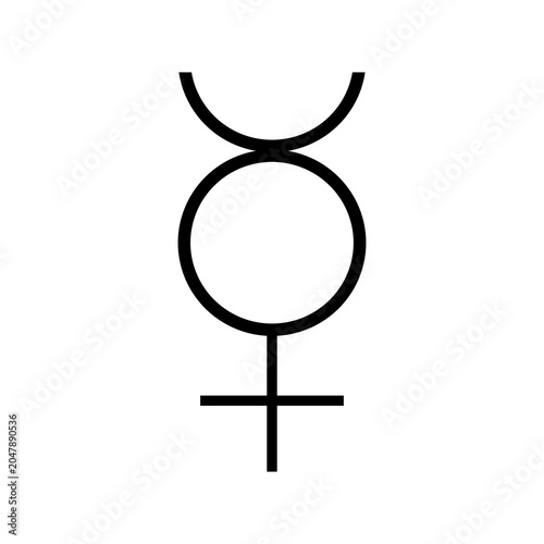 Alchemical symbol for Mercury — crescent, circle and cross combined, minimalist occult line art on white background.