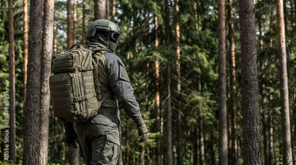 Obraz premium Soldier in military uniform with backpack walking through a dense forest, tactical gear, and helmet