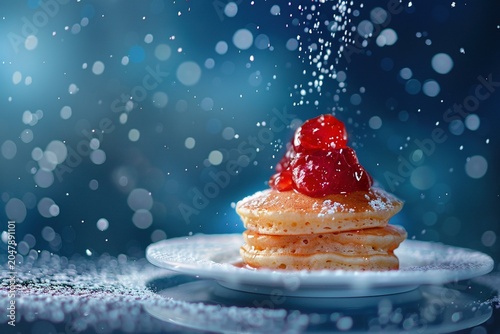 stylist and royal mini pancakes with jam flying food selective focus, space for text, photographic