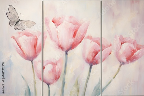 three panel art, marble background with butterfly and tulip flower, oil painting style