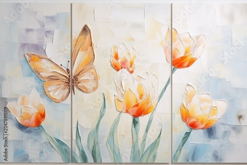three panel art, marble background with butterfly and tulip flower, oil painting style
