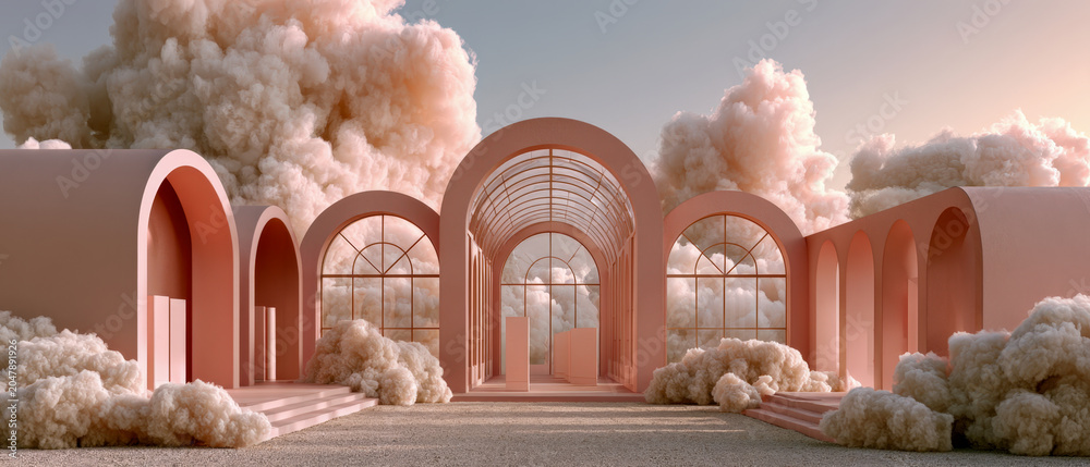 Fototapeta premium Surreal pink archway garden backdrop for weddings and event design