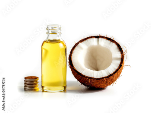 Pure natural organic fresh coconut oil with tropical fruit nut isolated on white background
