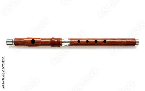 Traditional classic wooden flute wind musical instrument isolated on white background