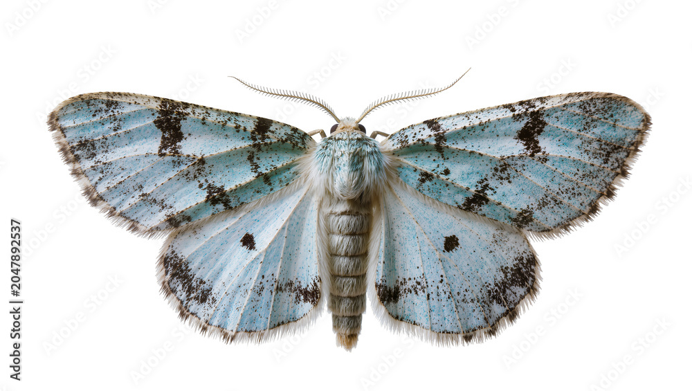 Naklejka premium Isolated stunning blue and black speckled moth showing delicate wings and feathery antennae