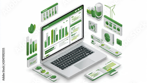 Digital data analysis with green graphs charts on laptop screen for business insights
