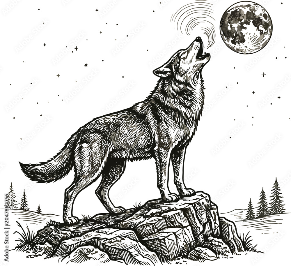 Fototapeta premium Howling wolf illustration with moon and stars on a white background