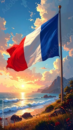 A serene beach scene with a waving flag at sunset
