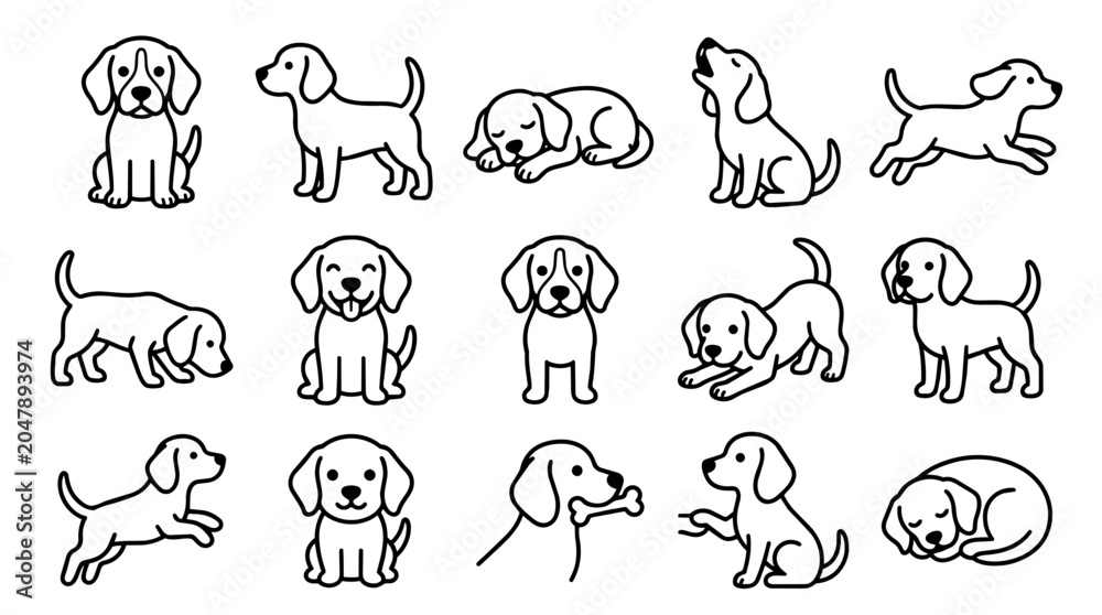 Obraz premium Cute cartoon beagle puppy set with various poses