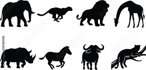 Canvas Print African safari animals black silhouette vector set featuring wild fauna elements