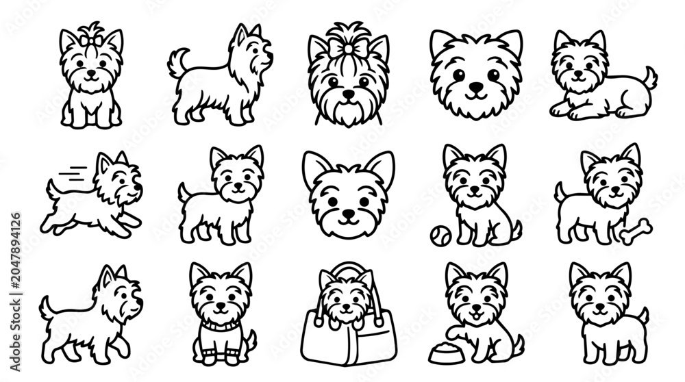 Fototapeta premium Cute Yorkshire Terrier dogs in various poses line art