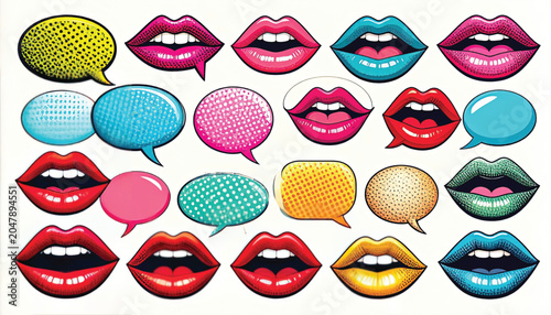 Colorful Lips and Speech Bubbles Illustration.