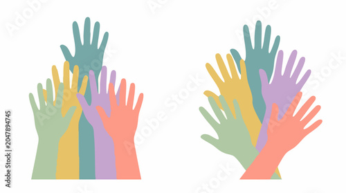 Many colorful hands raised up in unity, diversity, and community support