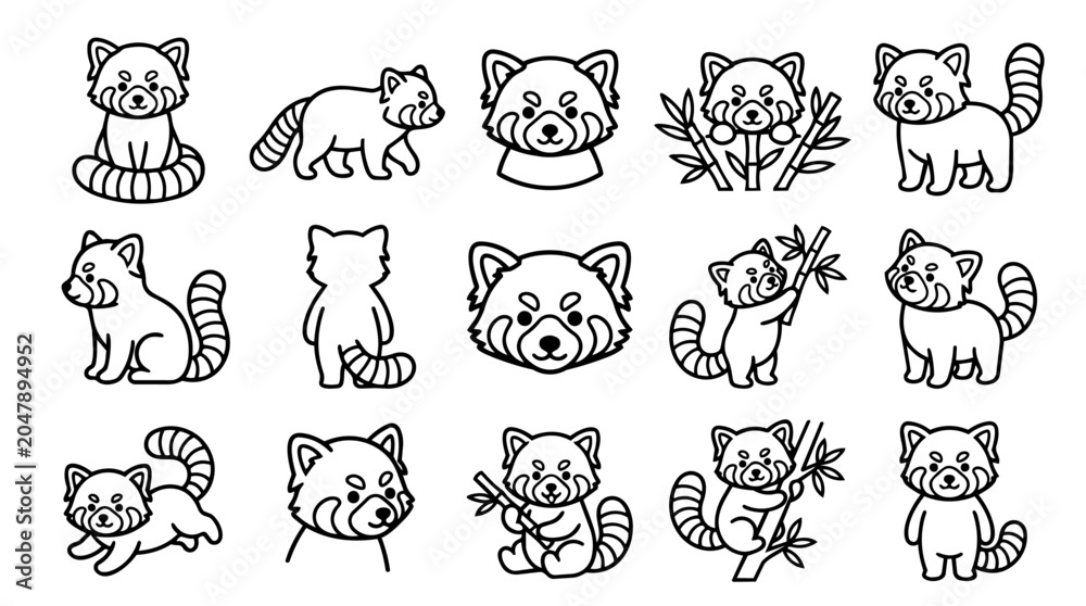 Fototapeta premium Set of outline red panda icons with bamboo