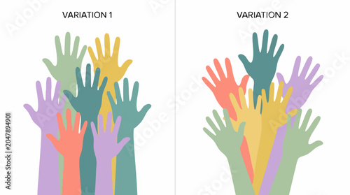 Colorful raised hands illustration symbolizing community, diversity, and participation