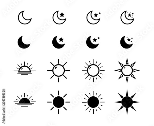 Sun Moon Icon Set Illustration Template Design. Morning and Night Symbol Collection. Day and Night Weather Forecast Sign Isolated on White Background