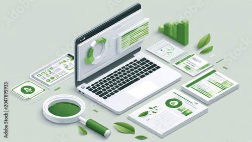 Modern digital workspace with green accents including laptop charts and data analysis tools