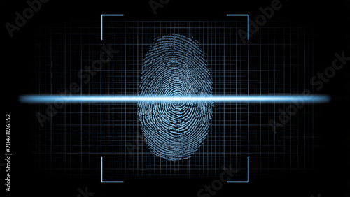 Futuristic biometric fingerprint scan with digital interface glowing blue on dark background for security and identification technology