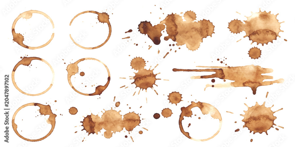 Obraz premium Set of brown coffee cup ring stains and messy drink splashes isolated on a simple plain surface for design