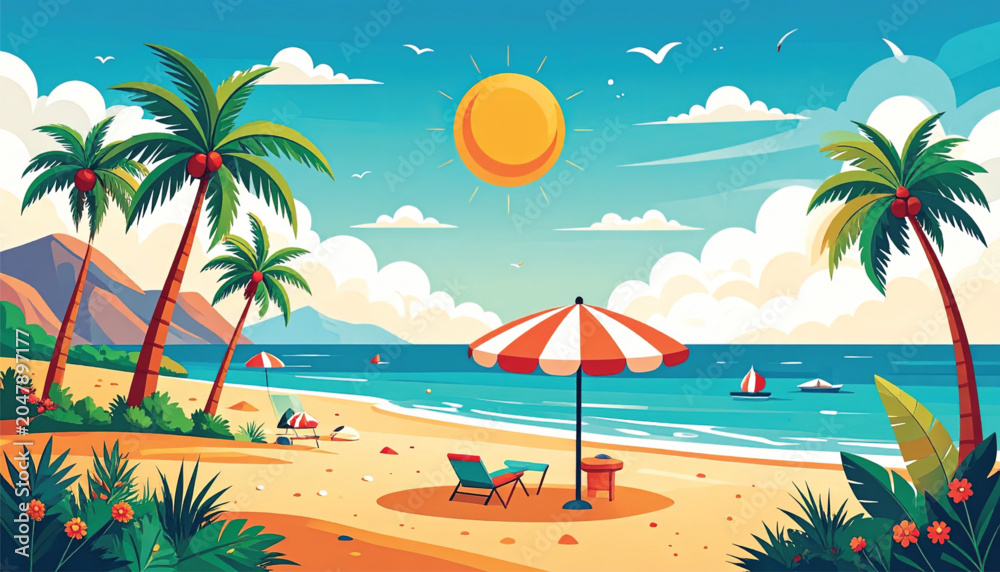 Obraz premium Beach scene with orange umbrella.