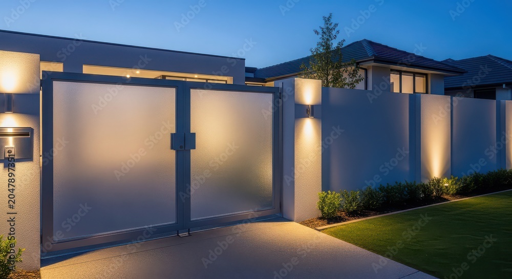 Fototapeta premium Modern Frosted Glass Gate with Integrated Lighting and Mailbox at Dusk modern gate contemporary entrance
