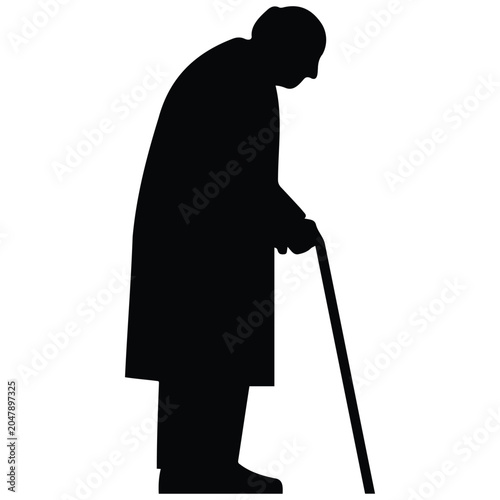 Senior man silhouette vector illustration with walking cane representing retired lifestyle.