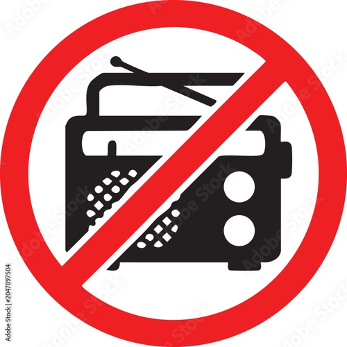 No radio symbol prohibition sign for sound or music isolated on white background for concept of silence or quiet zones