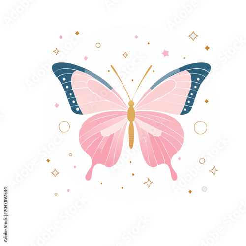 Pink butterfly with gold and blue accents on white background