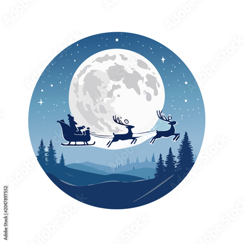 Santa Claus flying in a sleigh with reindeer under the moon