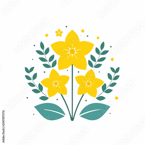 Stylized Yellow Flowers with Green Leaves and Dots