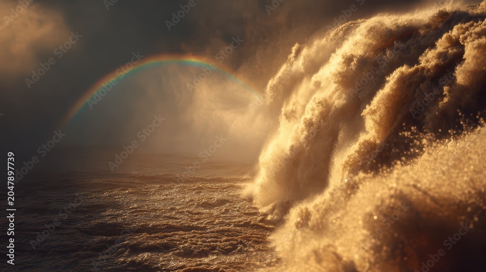 Fototapeta premium Crashing Wave and Rainbow Arch: A powerful ocean wave, illuminated by sunlight, crashes with immense force, creating a dramatic spray against a backdrop of a serene rainbow arcing through the sky.