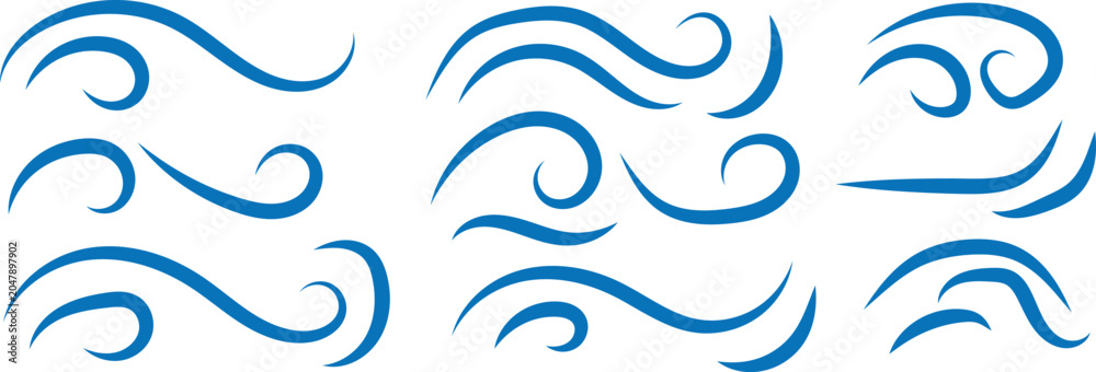 Fototapeta premium Set of blue hand-drawn swirls and wavy lines representing wind, water, or motion isolated on a white background, for use