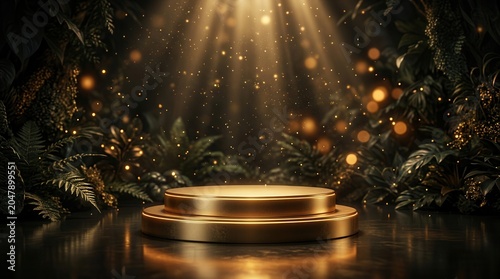 An empty award podium with golden light rays and a dark mystical background.