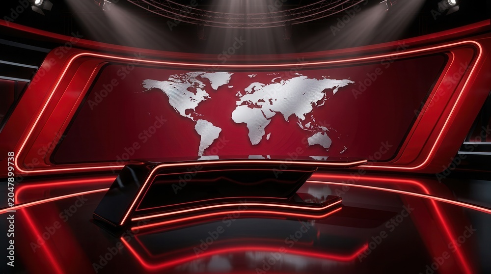 Naklejka premium A high-tech 3D world news background with a digital broadcast desk and map.