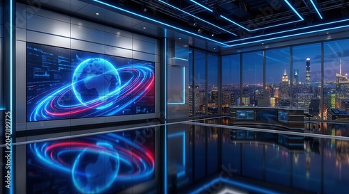Digital news studio interior with a large video wall displaying a world map.