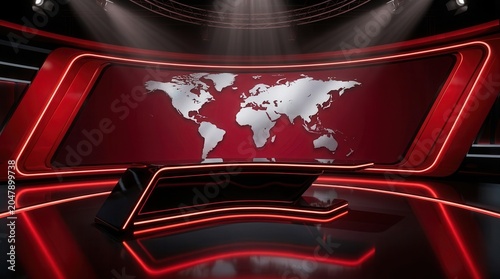 A high-tech 3D world news background with a digital broadcast desk and map.