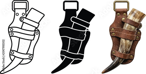 Fotografía Set of three drinking horn designs in a leather holder including outline silhoue