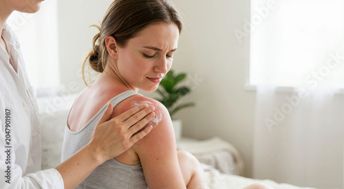 Hand applying soothing cream to severe red sunburn on woman's shoulder. Young female patient receiving skin care treatment for painful sun damage