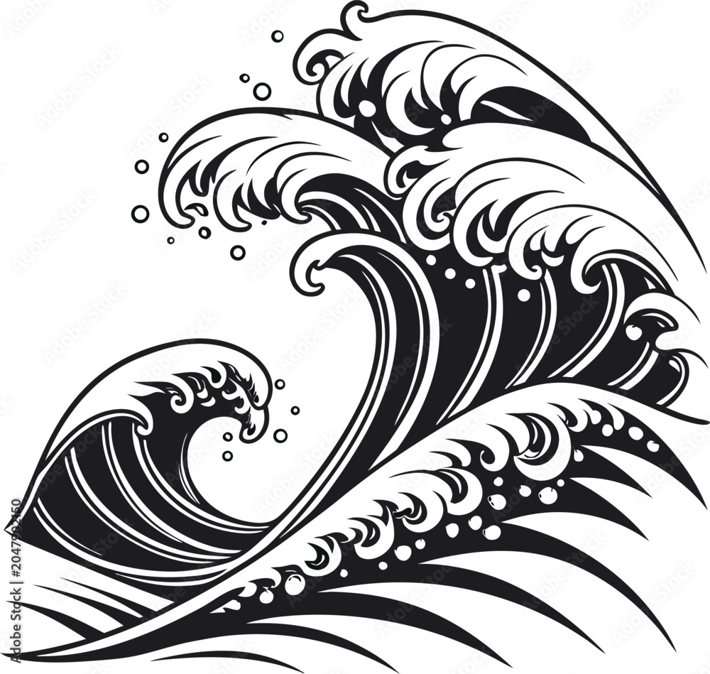 Fototapeta premium Ocean wave, sea wave, black and white vector, wave illustration, ocean graphic