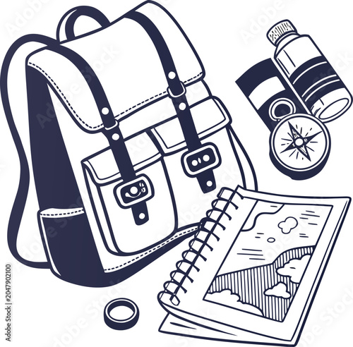 Fényképezés Travel, adventure, backpack, navigation, exploration, vector icons, 5 elements