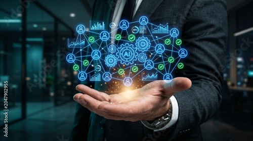 Businessman holding AI automation network for human resources management and workforce optimization