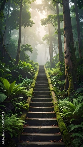 A serene forest path with mossy steps leads into a misty, sunlit atmosphere