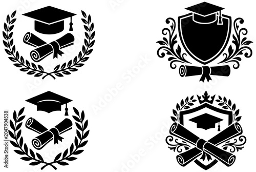 Obraz na plátně Set of black and white vector graduation icons featuring academic caps scrolls a