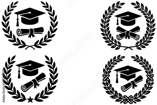 Minimalist black and white vector illustration showing graduation caps and diplomas inside circular laurel leaf wreaths