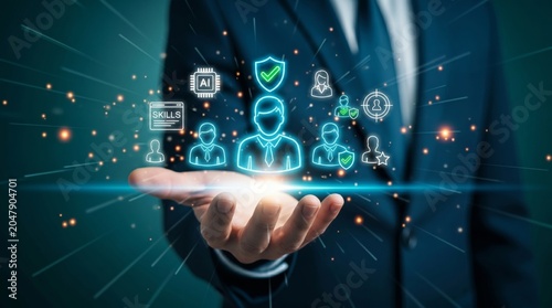 Businessman holding business leadership network for human resources skills assessment and team safety