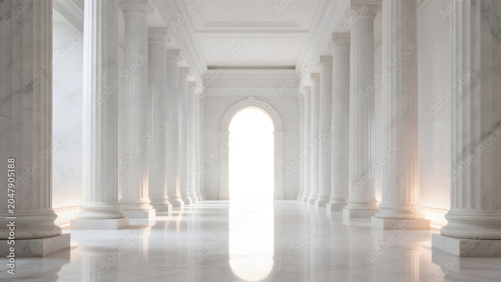 Naklejka premium Long white marble corridor with columns