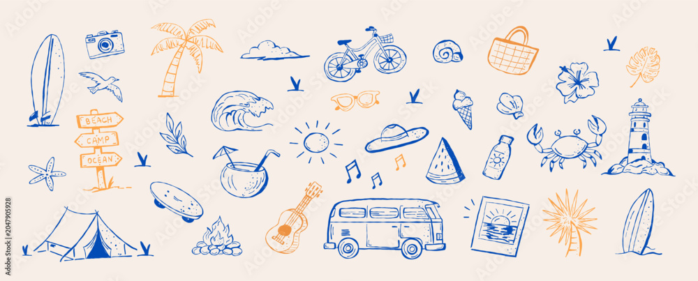 Obraz premium Summer beach sea doodle set. Crayon sketch naive coastal drawings. Vector summertime sea travel hand drawn collage.