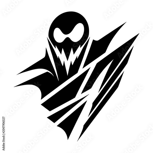 Fotografie Abstract halloween ghost monster, terrifying black specter with sharp teeth and edgy design isolated on white background